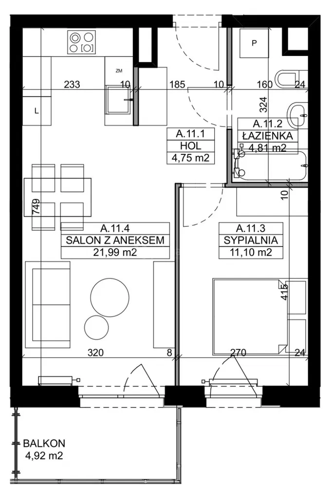 Квартира с 2 комнатами 42.65 м² с балконом
